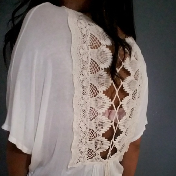CREAM CROCHET LACE UP BACK TOP - Picture 5 of 6